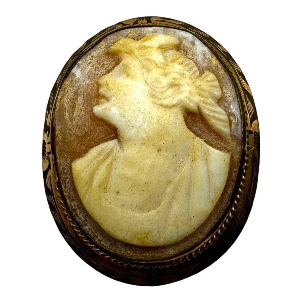 Vintage Hand-Carved Cameo Brooch Pendant Gold Frame Victorian Art Deco Woman
